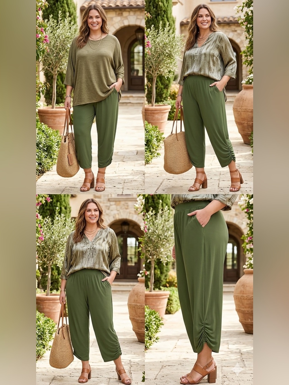 SIZE 3X Susan Graver® NEW Liquid Knit Ruched Cropped Pants Army Green Stretch